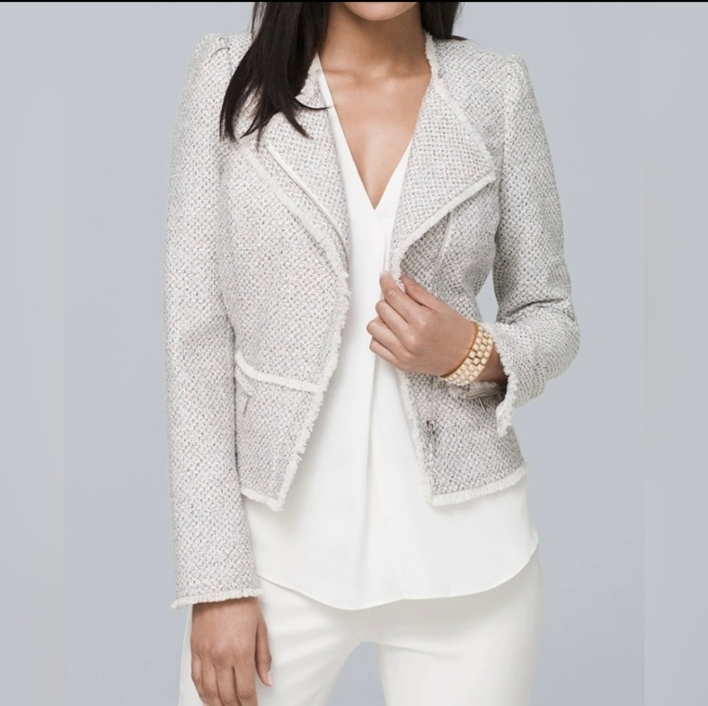 White House Black Market WHBM Tweed Moto Jacket Size 00 in Ecru and Gray